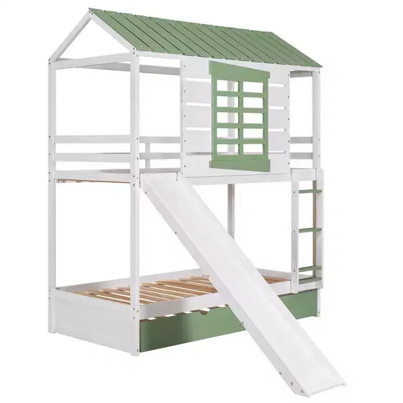 Letto a Castello a Casetta per Bambini, da Una Piazza e Mezza, con Scivolo Convertibile, Letto Estraibile e Sponde, Bianco+Verde