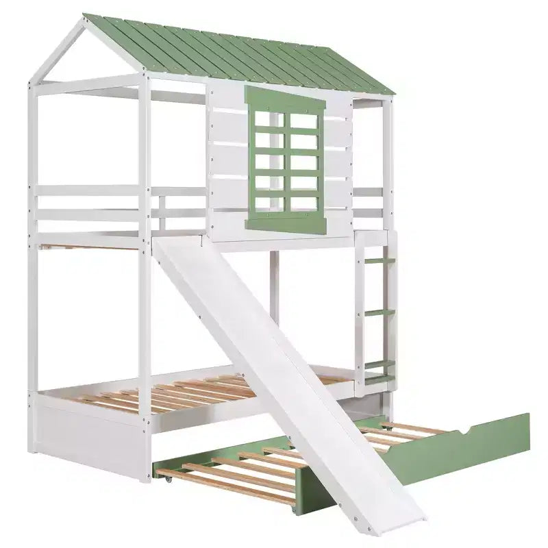 Letto a Castello a Casetta per Bambini, da Una Piazza e Mezza, con Scivolo Convertibile, Letto Estraibile e Sponde, Bianco+Verde