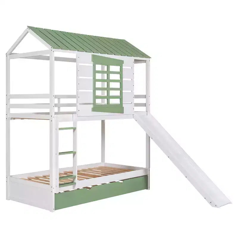 Letto a Castello a Casetta per Bambini, da Una Piazza e Mezza, con Scivolo Convertibile, Letto Estraibile e Sponde, Bianco+Verde