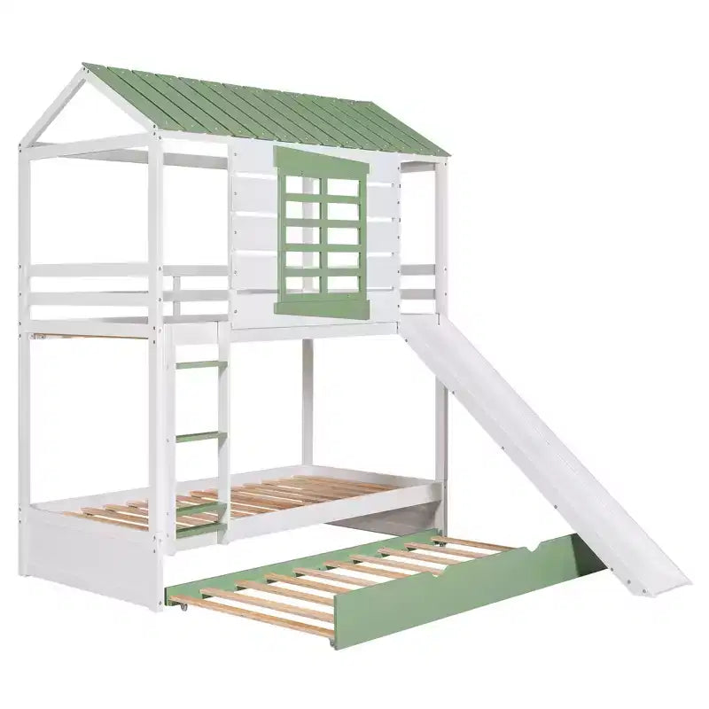 Letto a Castello a Casetta per Bambini, da Una Piazza e Mezza, con Scivolo Convertibile, Letto Estraibile e Sponde, Bianco+Verde