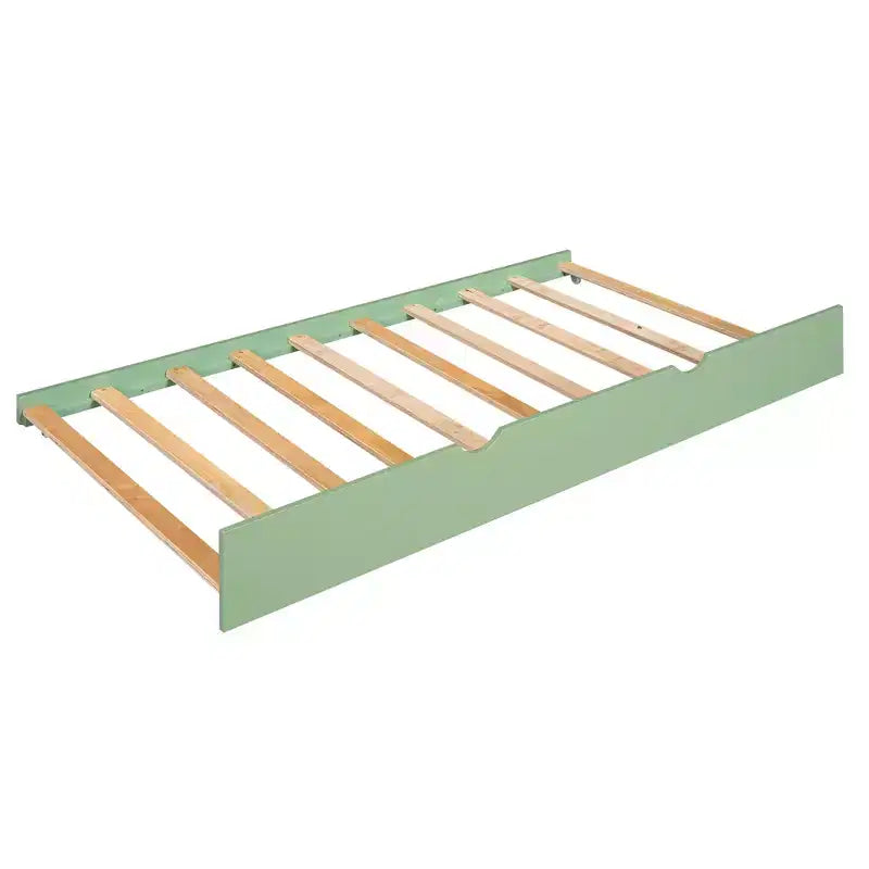 Letto a Castello a Casetta per Bambini, da Una Piazza e Mezza, con Scivolo Convertibile, Letto Estraibile e Sponde, Bianco+Verde