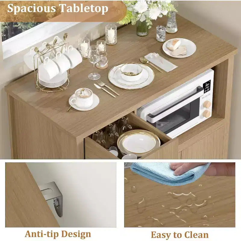 Mobile a Terra con Organizer in Legno a 3 Ante e 1 Cassetto con Ripiano Regolabile, Credenza in Legno a Colonna Larga per Cucina
