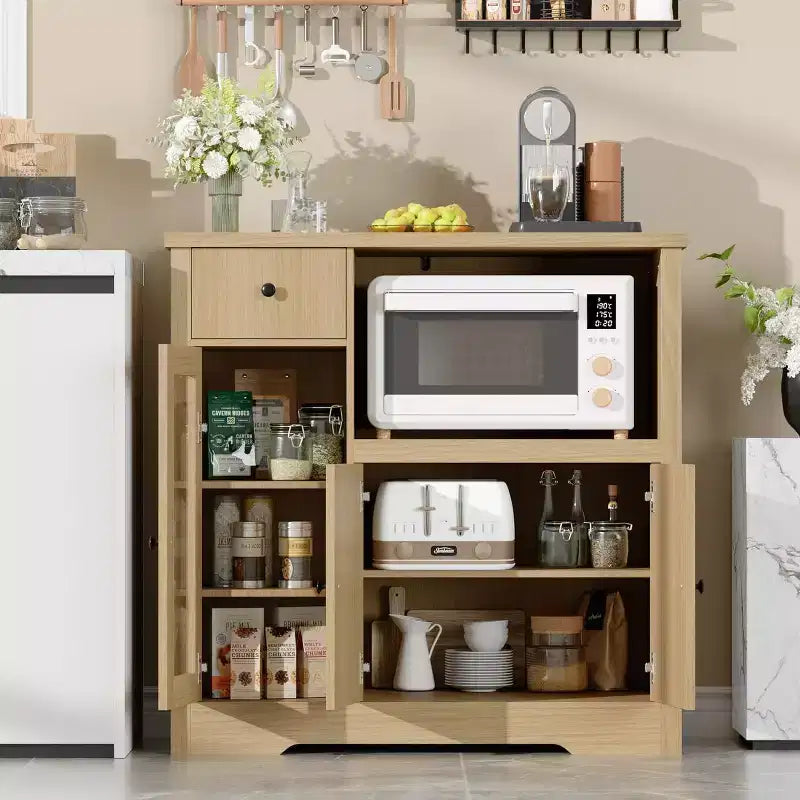 Mobile a Terra con Organizer in Legno a 3 Ante e 1 Cassetto con Ripiano Regolabile, Credenza in Legno a Colonna Larga per Cucina