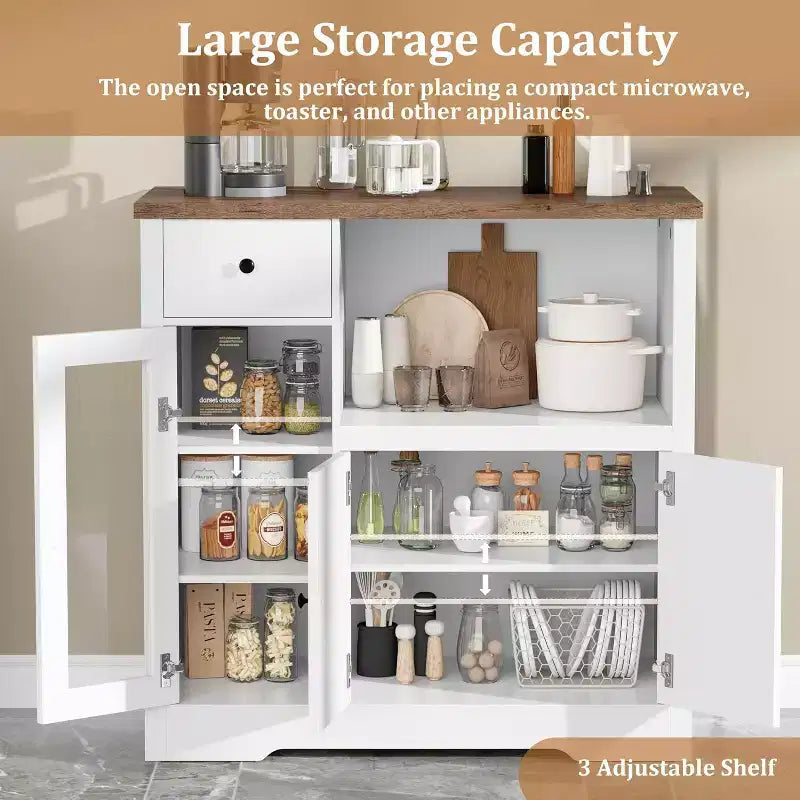 Mobile a Terra con Organizer in Legno a 3 Ante e 1 Cassetto con Ripiano Regolabile, Credenza in Legno a Colonna Larga per Cucina