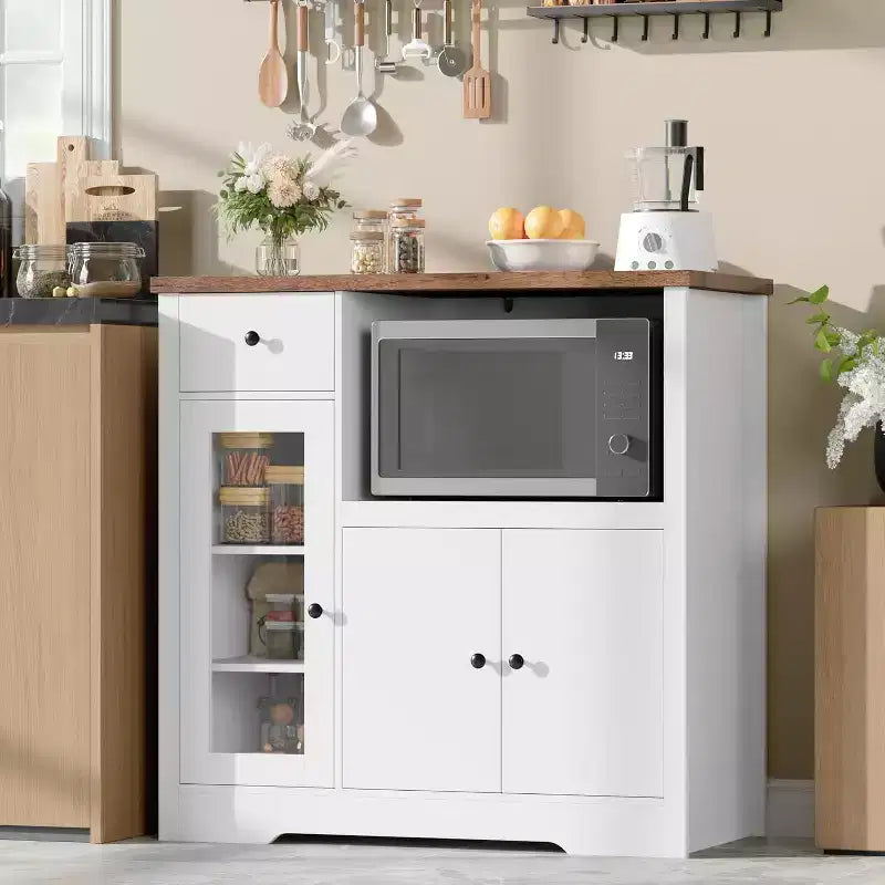 Mobile a Terra con Organizer in Legno a 3 Ante e 1 Cassetto con Ripiano Regolabile, Credenza in Legno a Colonna Larga per Cucina