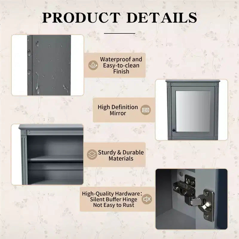 Mobiletto da bagno a parete con specchio e ripiano regolabile, 24" x 27"